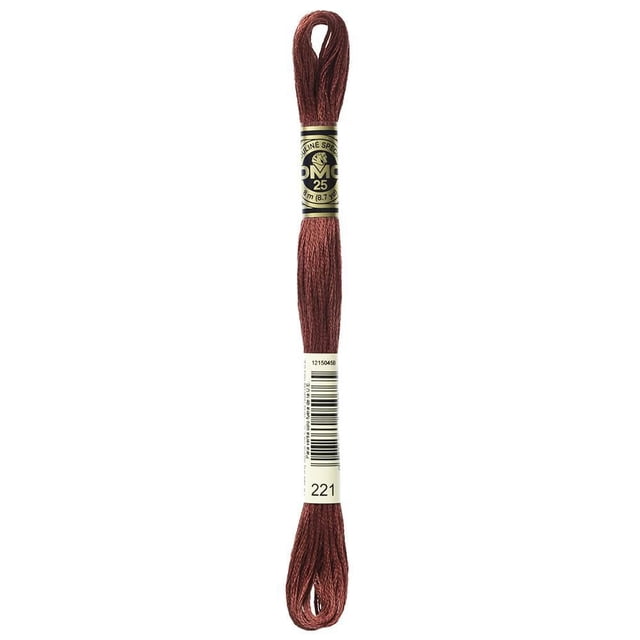 DMC Red Cotton 6 Strand Floss 8m in deep red, made from 100% long staple Egyptian cotton with six easily separated strands, wrapped with a black and gold label showing brand and product number 221, suitable for cross-stitch, embroidery, needlepoint, and scrapbooking.