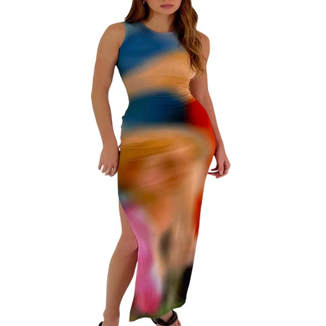 Robe Longue d'Été pour Femmes Col Rond Imprimé Teinture sur Nœuds Robe Ajustée Fendue sur le Côté Robe Moulante Sans Manches Style D m