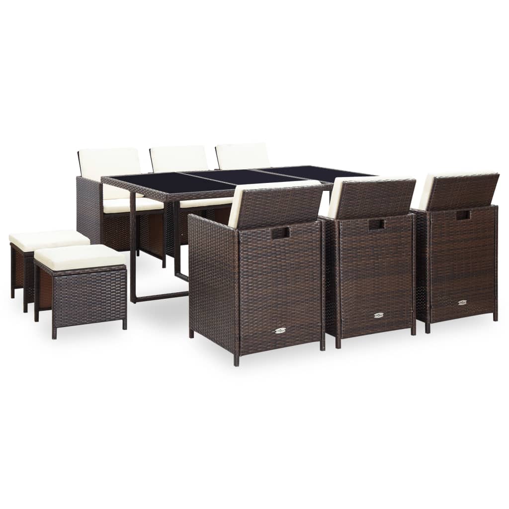 vidaXL Ensemble de Salle à Manger d'Extérieur 11 Pcs avec Coussins en Rotin Poly Brun