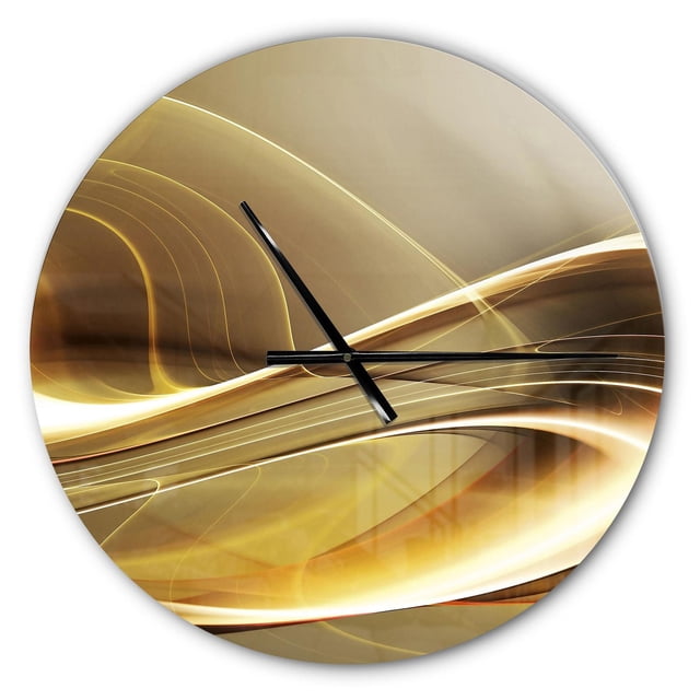 Designart 'Elegant Modern Sofa ' Modern wall clock with a round 1mm aluminum face featuring abstract golden and beige wave patterns, black minimalist hands, and a glossy finish, ideal as an oversized wall décor piece for modern homes or offices.