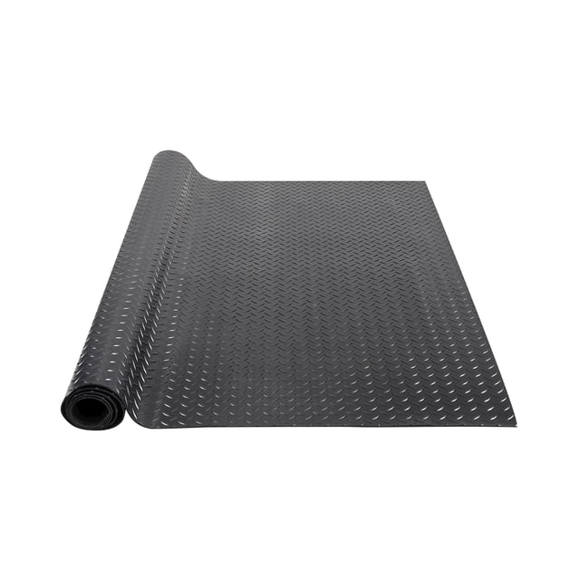 VEVOR Diamond-Plate Rubber Flooring Roll, measuring 3 mm thick, 4 ft wide, and 6 ft long, shown partially unrolled. Made from durable SBR rubber, this black mat features a diamond plate pattern for enhanced grip and waterproofing. Ideal for garages, gyms, and industrial spaces, it provides professional-grade floor protection, resists wear and tear, and is easy to clean and install.