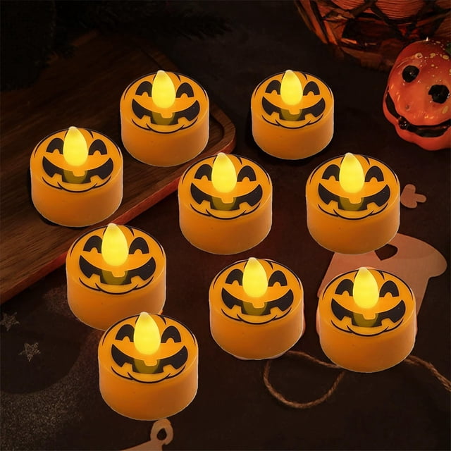 Halloween Candle Lanterns Set of 12 - Flameless LED Tea Lights with Timer for Pumpkin Ghost Decorations