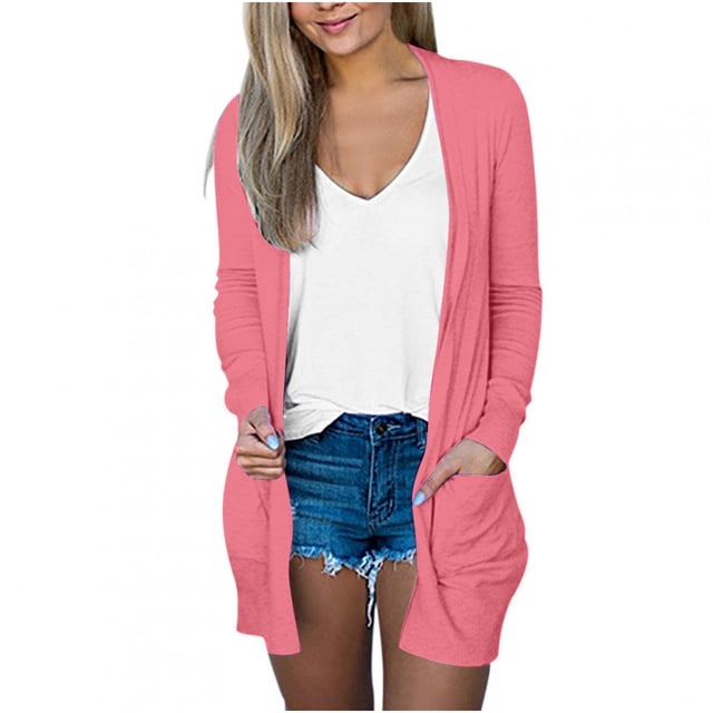 AherBiu Womens Cardigan Tops Long Sleeve Open Front Mid-Long Outwear with Pockets Spring Clothes