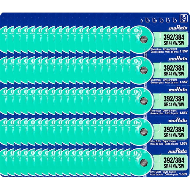 Murata 392/384 SR41/W/SW Battery 1.55V Silver Oxide Watch Button Cell (100 Batteries)