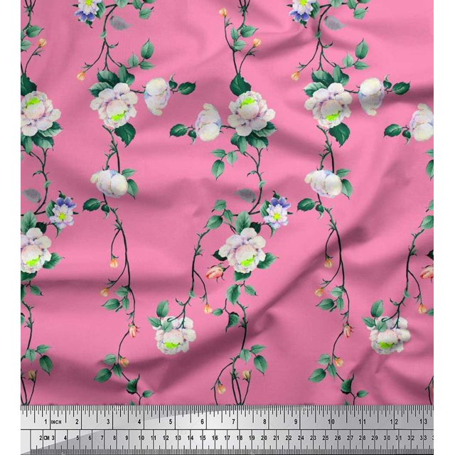Soimoi Rayon Fabric Leaves & Peony Floral Printed Fabric 1 Yard 42 Inch Wide