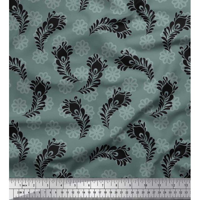Soimoi Poly Georgette Fabric Floral & Peacock Feather Printed Fabric 1 Yard 52 Inch Wide