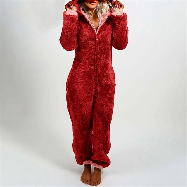 LSLJS Combinaisons d'Hiver pour Femmes, Combinaison à Capuche à Manches Longues pour Femmes Pyjama Décontracté d'Hiver Chaud Combinaison de Nuit