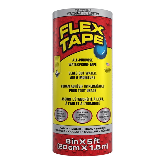 Flex Tape , Ruban Imperméable Caoutchouté Solide, 8 Pouces x 5 Pieds, Transparent. un Rouleau de Ruban Imperméable Transparent et durable avec un Épais Dos Caoutchouté, Conçu pour Rapiécer, Coller, Sceller et Arrêter les Fuites Instantanément. l'Emballage Met l'Accent sur Sa Capacité à Sceller l'Eau, l'Air et l'Humidité, et Son application sur les surfaces Humides Ou Sèches, Y Compris sous l'Eau. Convient à la Plomberie, aux Réparations à la Maison, aux Réparations Automobiles et aux Projets