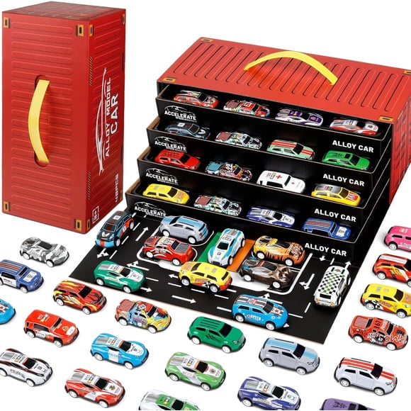 48 Mini Voitures à Rétrofriction avec Ensemble de Garage Intégré, Voitures de Course en Métal Moulé sous Pression, Lots de Voitures Matchbox, Voitures Jouets à Friction avec Boîte de Rangement et Carte de Jeu, Collection de Voitures de Course en Alliage