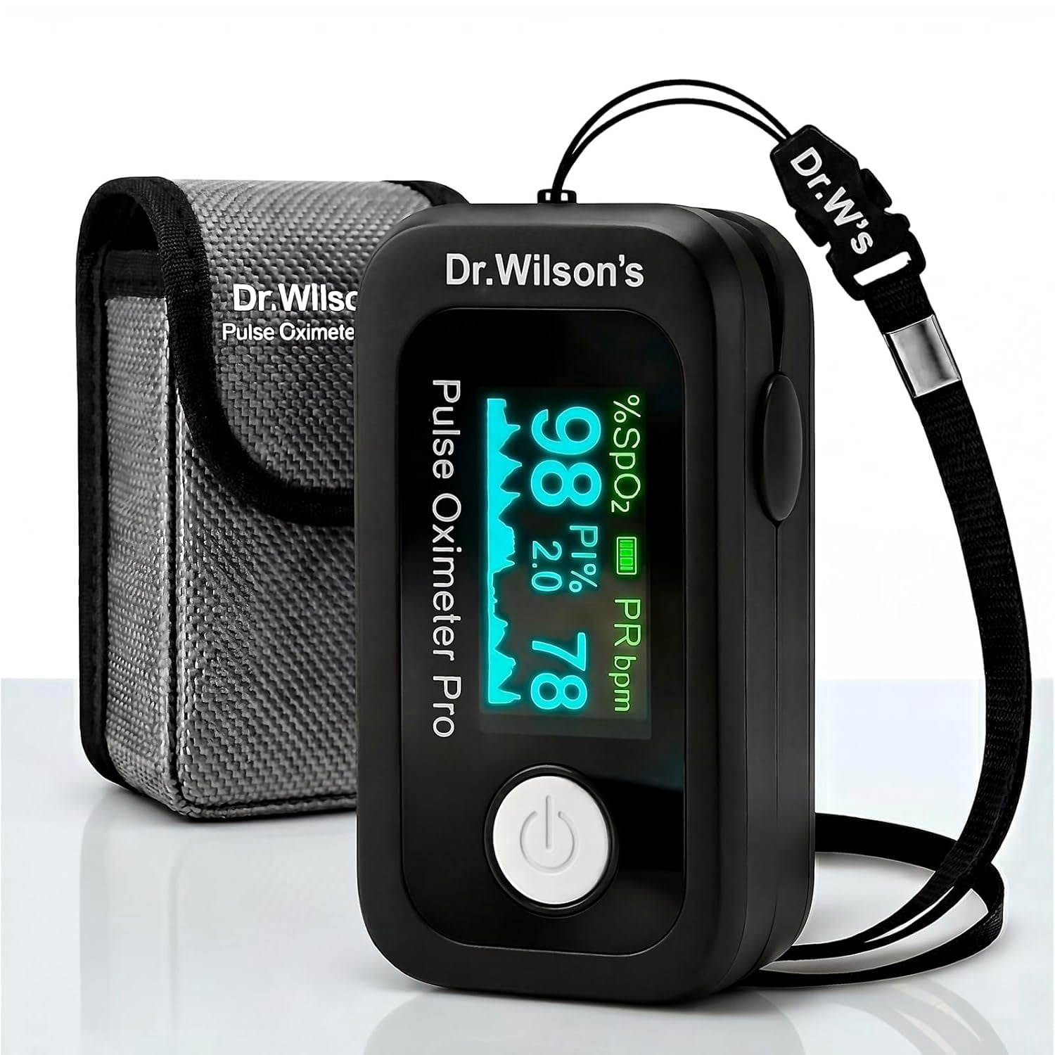 Dr. Wilson's Pulse Oximeter – Accurate SP02, Pulse Rate & Perfusion Index. OLED Display, Alarm, Anti-Movement Tech. Includes Case, Batteries & Bilingual Manual. For Ages 12+.