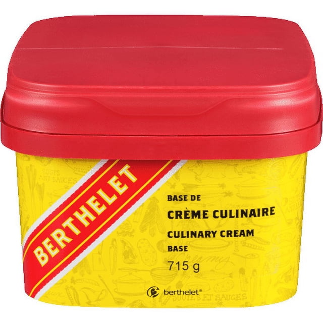 Berthelet Culinary Cream Base, Professional Heat-Stable Cream Sauce Mix for Gourmet Cooking, 715g (25.2 oz) in a bright yellow container with a red lid. The packaging features bold red and white diagonal branding with the Berthelet logo and product details prominently displayed. Ideal for creating heat-stable cream sauces, soups, and casseroles in professional kitchens.