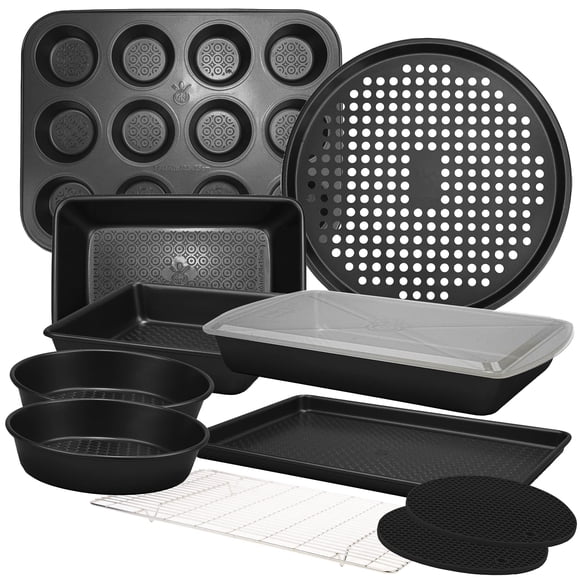 KITCHENATICS 12-PC Baking Pan Set Nonstick, Durable Carbon Steel Baking Sheets for Oven, Nonstick Baking Pans Set with Muffin Pan, Loaf Pan, Pizza Pan, Cookie Sheet Pan -
