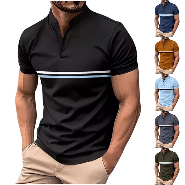 QIPOPIQ Men's Casual Golf Shirts Short Sleeve Button Down Striped Collared Shirts Summer Work T-Shirt Clearance