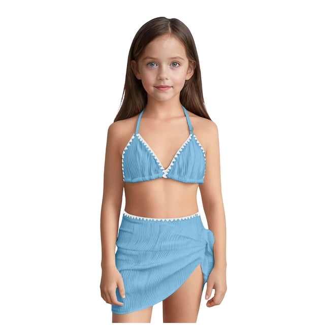 Zpanxa Girls Bathing Suits 2 Piece Nylon Spandex Solid Color Blocked Split Bikini with Mesh Skirt Blue 8 Years