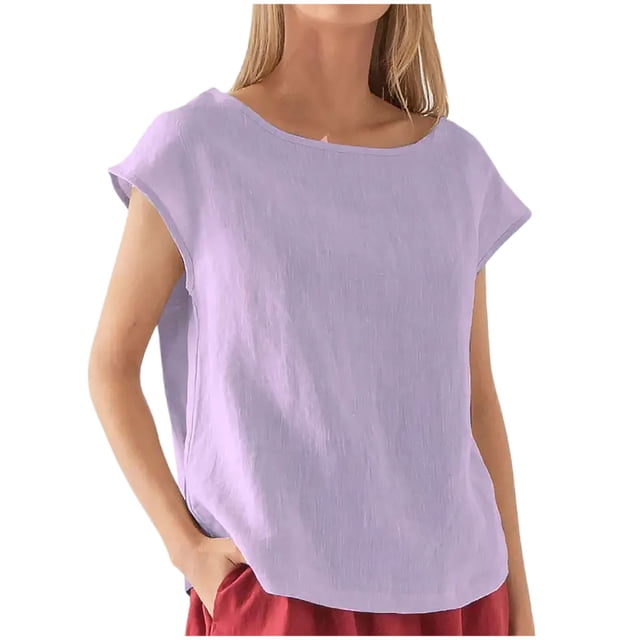 Penkiiy Blouse en Lin à Manches Courtes Col Rond Été Décontractée Coupe Ample L Violet