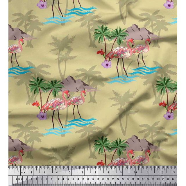 Soimoi Beige polyester Crepe Fabric Palm Tree, & Flamingo Bird Print Fabric by Yard 42 Inch Wide