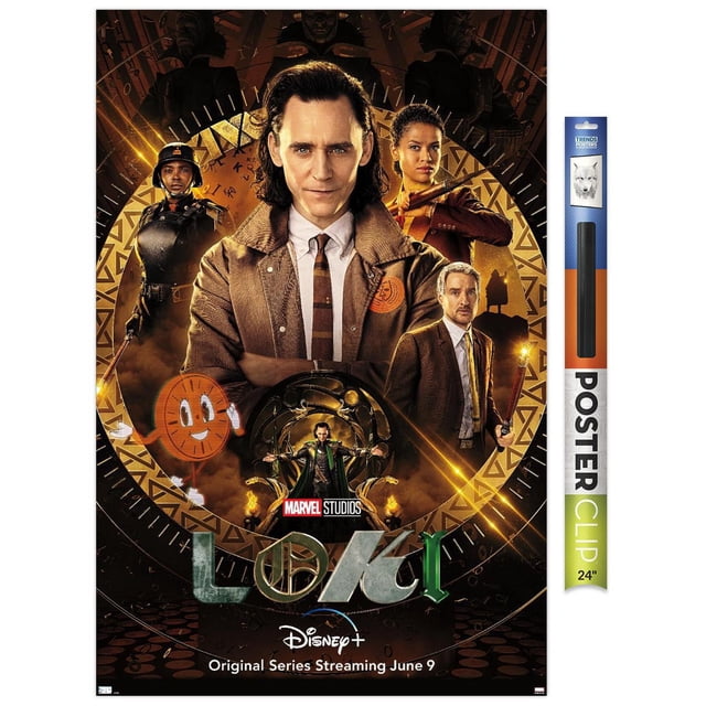 Marvel Loki - Affiche Murale sur une Feuille, 14,725 Po x 22,375 Po Encadrée Mettant en Vedette Loki dans une Veste Brune et une Cravate Rayée au Centre, Entourée de Personnages de Soutien et d'Éléments Symboliques de la Série Marvel Studios. l'Arrière-plan Sombre Comprend des Motifs Géométriques Dorés avec le logo Disney+ et la date de Diffusion de la Série Originale le 9 Juin au Bas. un clip d'Affiche Trends International de 24 Po