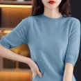 thumbnail image 4 of AherBiu Hauts d'Été pour Femmes Col Rond Manches Mi-Longues Chemises Unies Décontractées Coupe Ample T-Shirts Basiques Blouses, 4 of 5