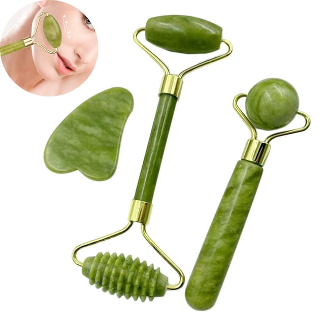 Natural Jade Stone Roller Massager, Jade Roller and Gua Sha Set designed for facial and body massage. Includes a double-headed jade roller with smooth and textured surfaces, and a heart-shaped Gua Sha tool for acupuncture point therapy. Ideal for promoting blood circulation, cream absorption, and healthier skin. A versatile skin care tool for neck, shoulders, face, and body massage.