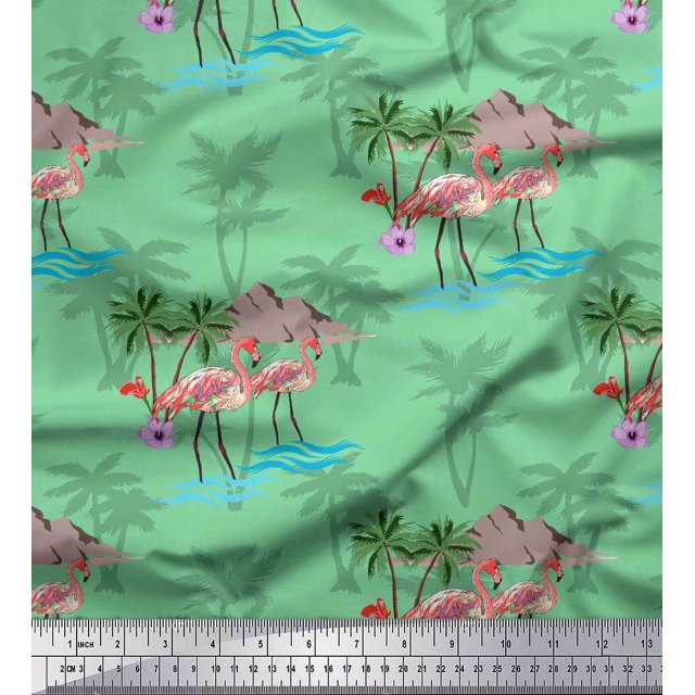 Soimoi Green Poly Georgette Fabric Palm Tree, & Flamingo Bird Printed Craft Fabric by the Yard 52 Inch Wide