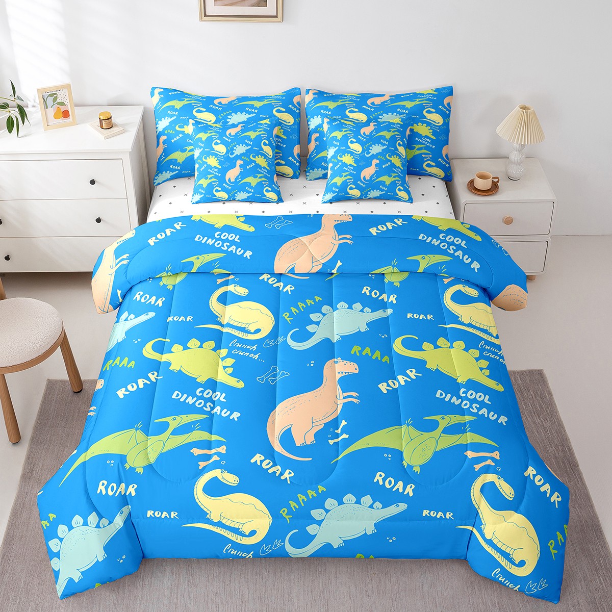YST Cartoon Dino 7Pcs Comforter Set, Colorful Dinosaurs Kids Bed in a Bag, Queen Size