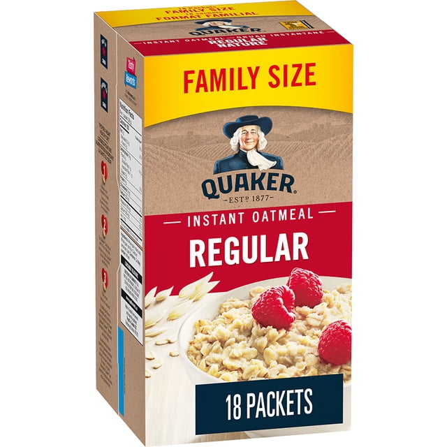 Quaker Céréales d'Avoine Instantanées Chaudes Format Familial Régulier Boîte Contenant 18 Sachets à Portion Individuelle, Présentant le logo Quaker et un Bol de Gruau Garni de Framboises à l'Avant, Idéal pour un Déjeuner Nutritif Rapide.