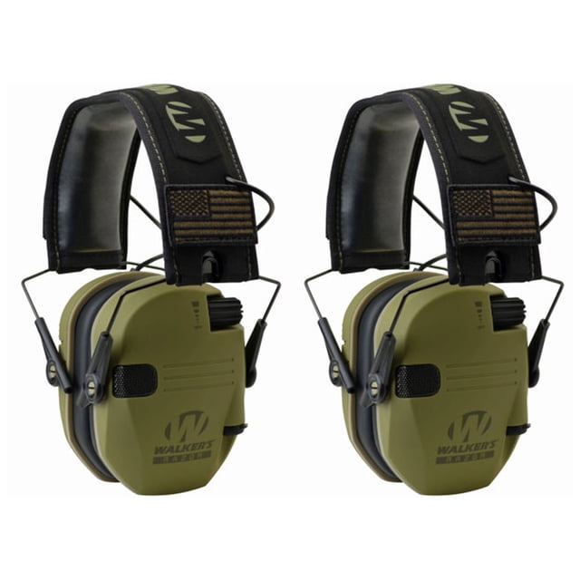 Walker's Razor Slim Electronic Hearing Earmuffs, Green Patriot (2 Pack), featuring a noise reduction rating of 23 dB, 2 omnidirectional microphones, and full dynamic range HD speakers. These folding earmuffs include independent volume controls, recessed control knobs, and an audio input jack. The comfortable metal wire frame headband folds for easy storage. Powered by 2 AAA batteries (included).