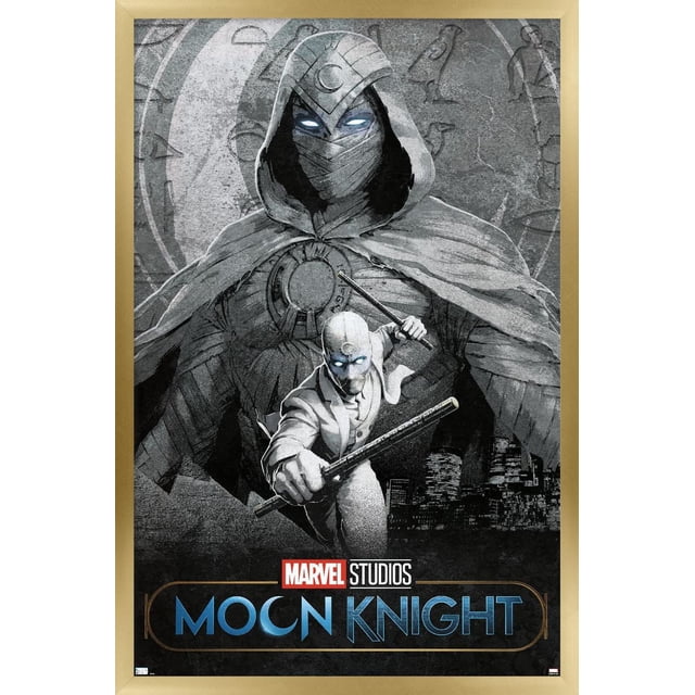 Marvel Moon Knight - Affiche Murale Teaser, 22,375 Po x 34 Po Présentant une Oeuvre en Niveaux de Gris de Moon Knight avec des Yeux Lumineux et un Symbole de Lune en Croissant sur Sa Cape à Capuche, Debout derrière une Figurine Plus Petite Tenant des Bâtons dans une pose d'Action, avec une skyline de Ville en Arrière-Plan et le logo des Marvel Studios Moon Knight au Bas, Idéal pour la Déco Murale de la Maison Ou du Bureau.