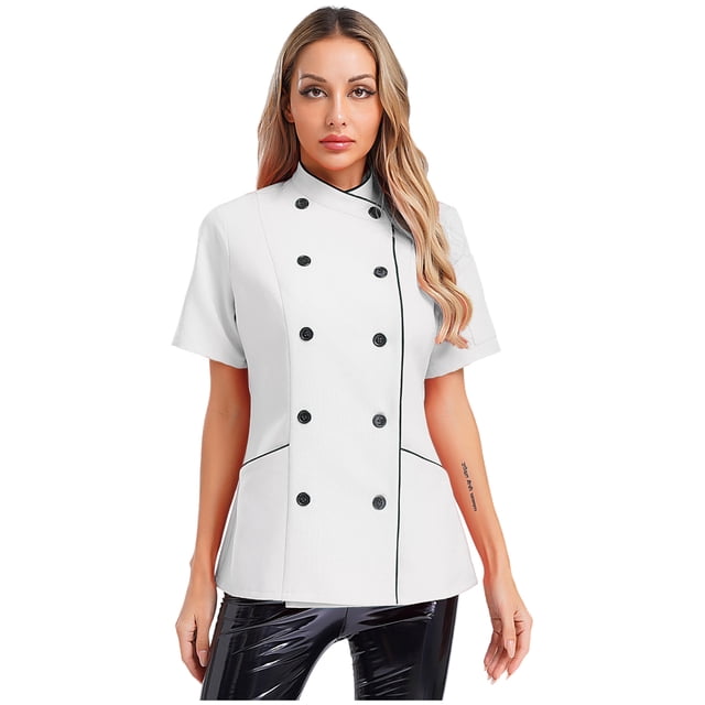 Eandarui Women Short Sleeve Chef Jacket Professional Chef Coat Work Uniform for Hotel Cooking Kitchen White M