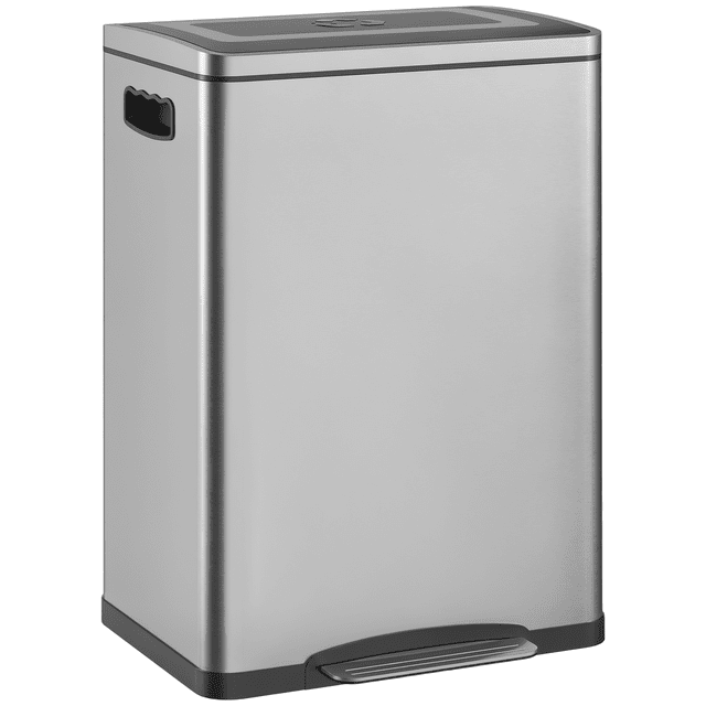 HOMCOM 2 x 20 Liter Garbage Can, Trash Can with Removable Buckets, Silver — dual-compartment 40 L kitchen bin with two removable 20 L inner buckets, fingerprint-proof stainless steel finish, soft-close lid with foot pedal, bag-retaining inner holes and hidden handles; compact tall profile for under-sink placement and suitable as a slim recycling station for small apartments.