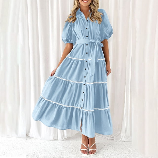 Robes pour Femmes 2024 Été Robe Chemise Oversize Manches Courtes Bouffantes à Volants Superposés Fluide Longue Maxi Robes Rabais de 50 % Liquidation!