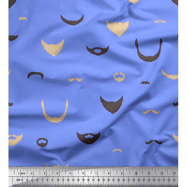 Soimoi Blue Cotton Duck Fabric Mustache Face Print Sewing Fabric BTY 58 Inch Wide