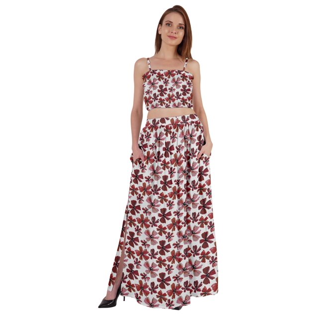 Bimba 2 Pcs Robe de Plage Sexy pour Femmes Imprimée Smockée Crop Top & Longue Jupe Ensemble