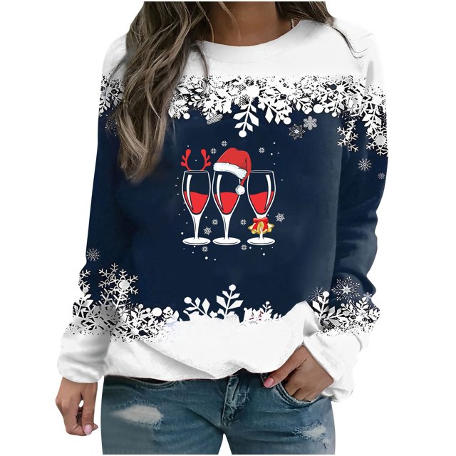 Chandails à Capuchon pour Adolescentes T-shirt Imprimé d'Hiver pour Femmes Manches Longues Blouse Col Rond Hauts Décontractés Chandails en Molleton Mignons en Liquidation