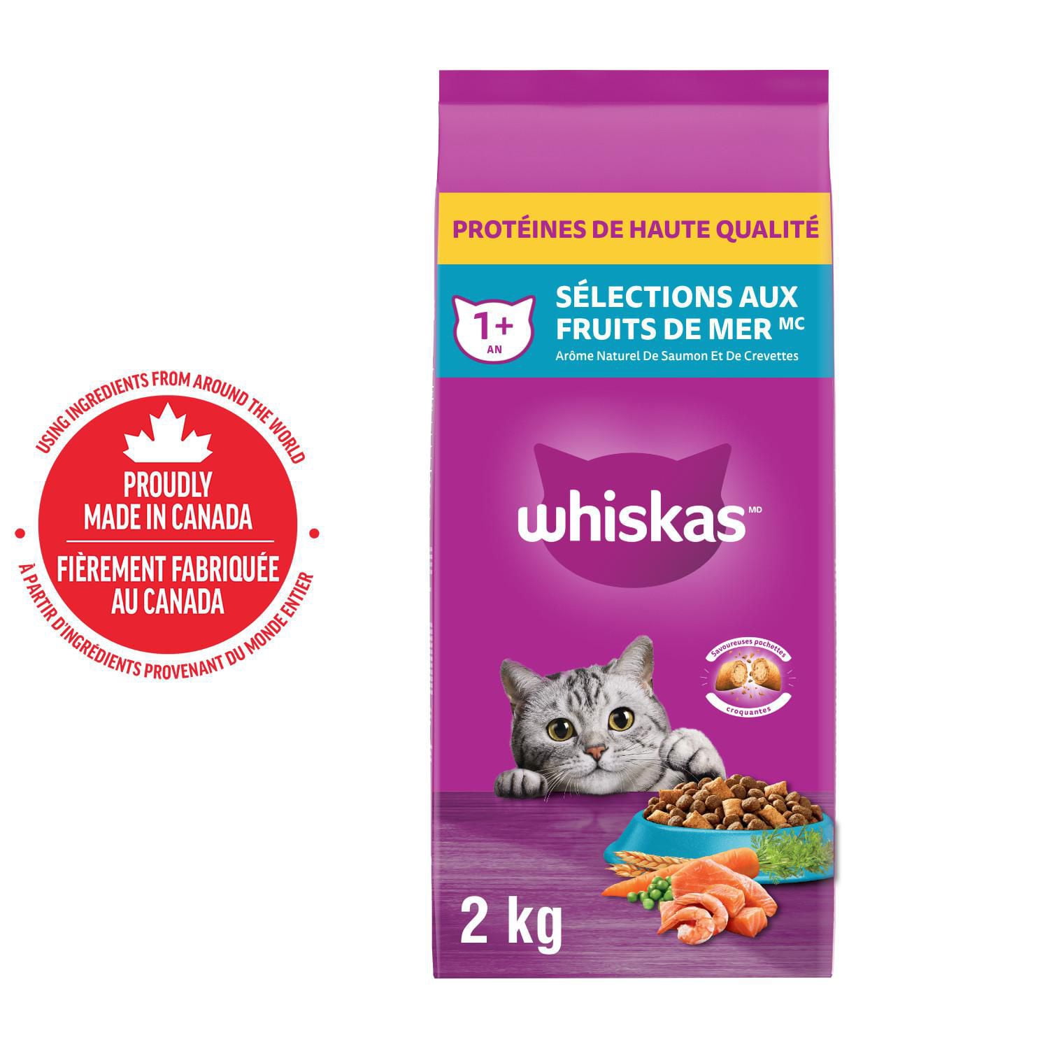 WHISKAS Adult Dry Cat Food Seafood Selections, Natural Salmon & Shrimp Flavour 2kg
