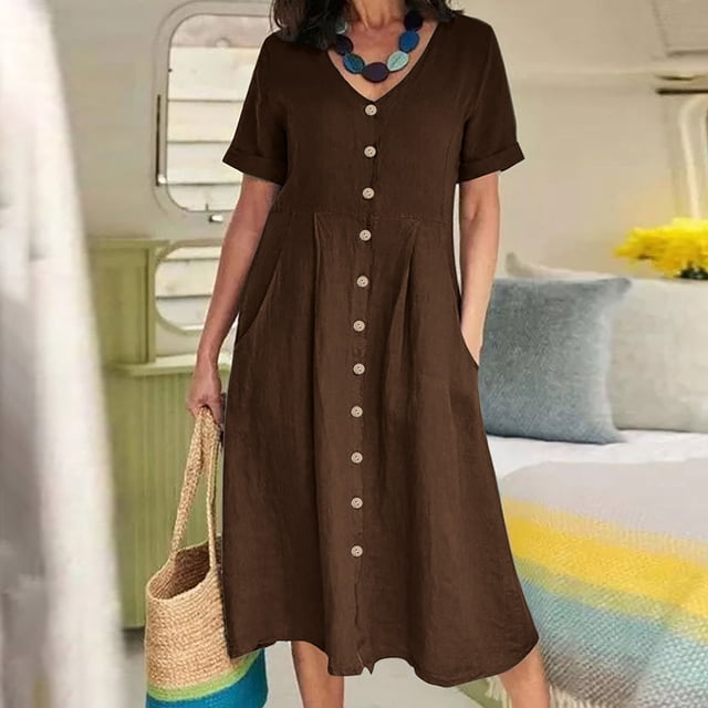 FcBaudy Robe à Manches Courtes à Col en V, Robes d'Été pour Femmes, Robes pour Femmes Mode Femmes Été Décontracté Col en V Uni Manches Courtes Bouton Poche Robe en Coton et Lin Jupe en Coton et Lin pour Femmes