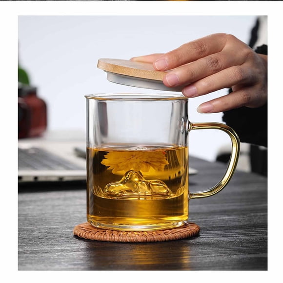 ZZkhGO Glass Tea Cup with Filter, Tea Water Separation Cup with Wood Lid, Borosilicate Glass Teacup for Hot Cold Drinks