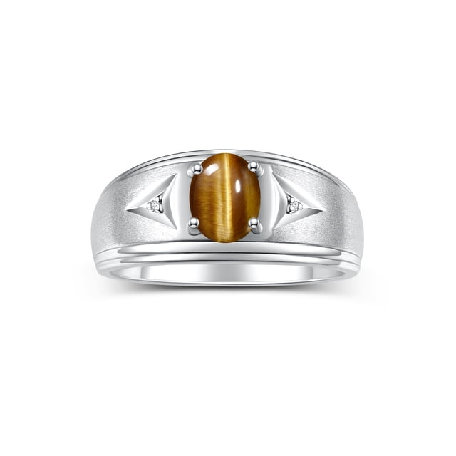 RYLOS Men's Rings Sterling Silver Classic 8X6MM Oval Gemstone & Diamond Ring Tiger Eye November Birthstone Rings For Man Silver Rings Size 12
