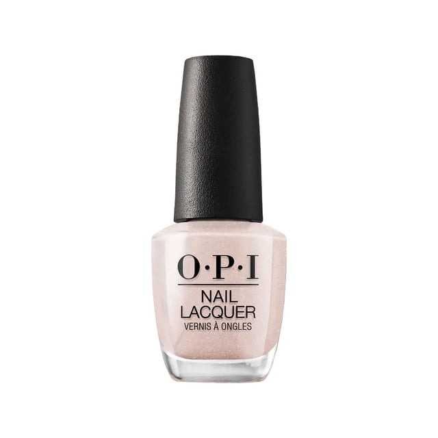OPI Bouteille de Vernis à Ongles Rose Pâle Scintillante avec base en Verre Transparent et Bouchon Noir Texturé, Idéale pour des Mises à Jour Hebdomadaires de Manucure avec une Finition Lisse et Lustrée et une Résistance aux Éclats, Utilisée Souvent pour les routines Professionnelles de Soins des Ongles.