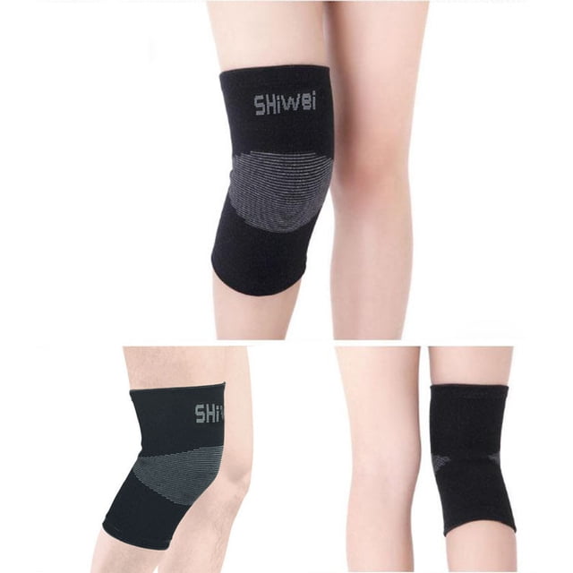 Heiheiup Gym Knee Protector Sports Tendon Training Elastic Knee Brace Supports in black with a soft elastic design. The knee brace features a flexible fit with varying tightness for support and comfort. Suitable for sports, work-related injuries, and muscle recovery. The image shows the knee brace worn on a leg, highlighting its snug fit and ergonomic design.