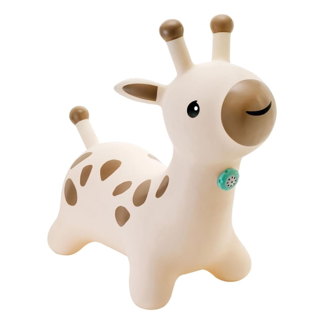 Infantino Bondy Hoppy Pal - Girafe Tout-Petit à Chevaucher en Crème avec Taches Brunes et Deux Cornes à Bout Brun, avec un Bouton Sonore turquoise Activé par le Mouvement sur le Cou et des Poignées Intégrées, Conçu pour Développer l'Équilibre et la coordination pendant le Jeu Actif.