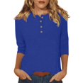 thumbnail image 1 of DENGDENG 3/4 Sleeve Tops for Women Casual Button Down T-Shirts Summer Crew Neck Elbow Sleeve Blouse Solid Color Three Quarter Length Shirts Boho Clearance Tunic Tops Dark Blue XL, 1 of 6