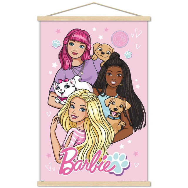 Mattel Barbie - Cute Wall Poster, 22.375" x 34" featuring three girls with varied hairstyles and skin tones on a pink background with stars, hearts, and paw prints. Includes two dogs and a white cat with a pink bow, with the Barbie logo in pink script and a blue paw print. Suitable for bedroom or dorm wall decor with easy-to-hang mounts.
