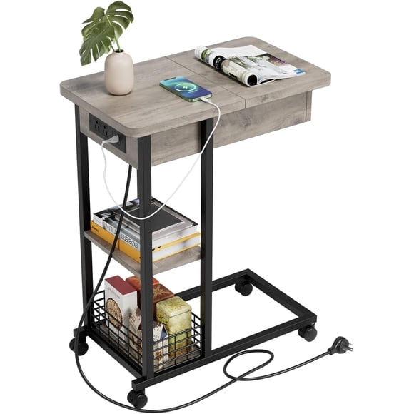 IdeaHouse C Shaped Side Table with Charging Station, Flip Top End Table with USB Ports and Outlets, Narrow Side Table with 3 Tier Storage Shelf, C Table for Small Spaces, Bedroom, Living Room, Grey