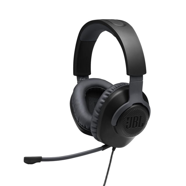JBL Quantum 100 Casque de Jeu Filaire Circum-Aural avec Micro Détachable Montré en Vue avant 3/4, Doté de Coussinets d'Oreille Noirs Mats avec le logo JBL, de Coussinets d'Oreille en Mousse Mémoire Rembourrés, d'Un Serre-Tête Ajustable et d'Un microphone à Perche flexible Détachable, Idéal pour l'Audio de Jeu PS5 et une communication Multijoueur Claire.