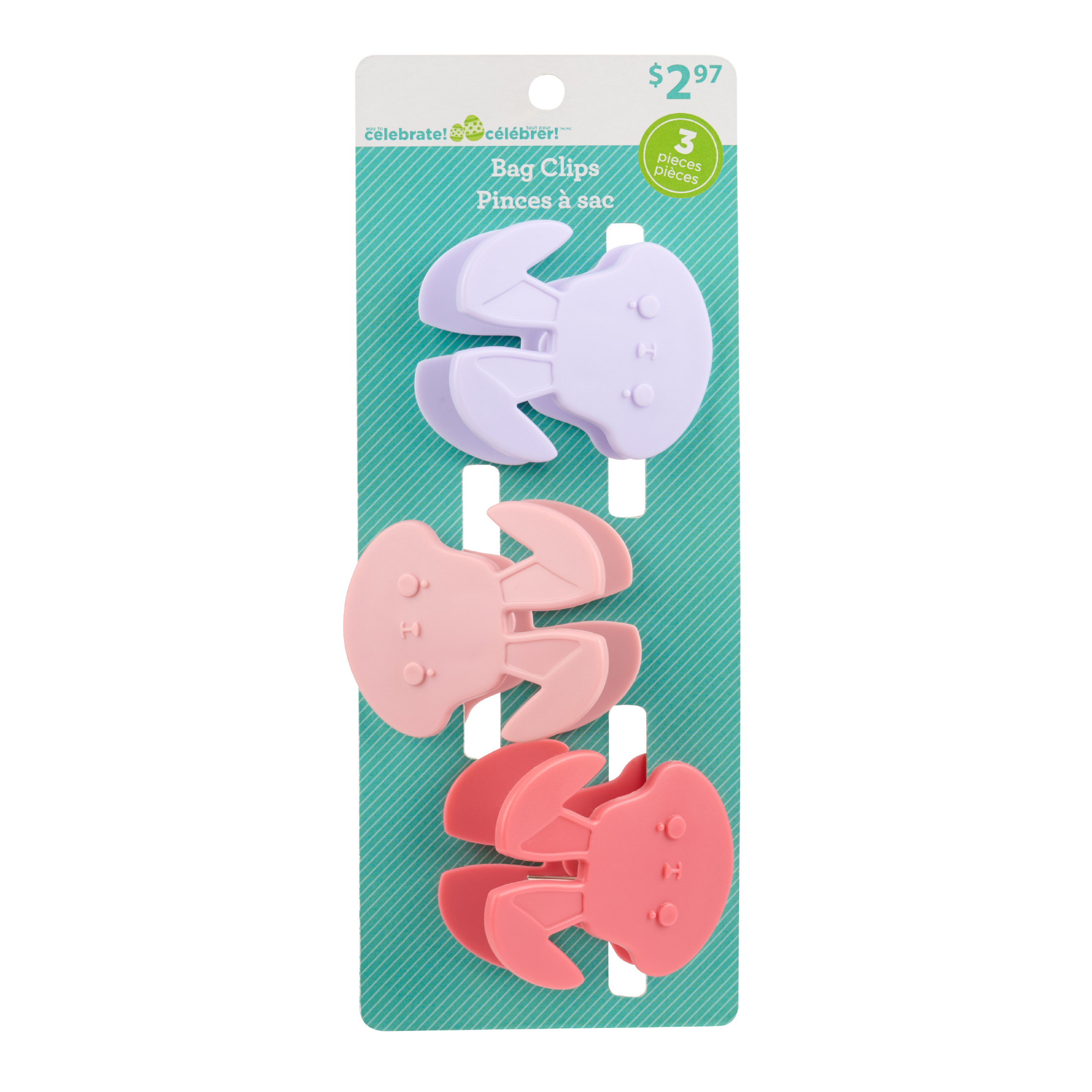 Tout pour célébrer – Lot de 3 pinces à sacs de cuisine en forme de lapin, en rose foncé, rose pâle et violet doux