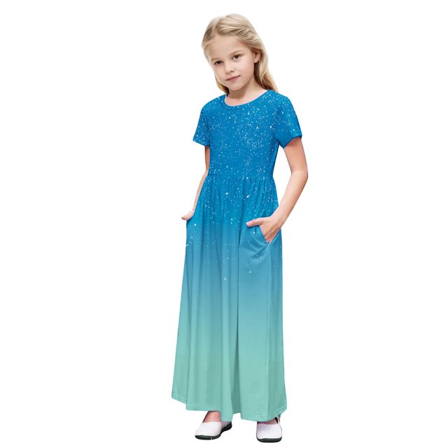 Robe d'Été Dégradée Scintillante pour Filles Manches Courtes Col Rond Robe Longue Fluide de Plage avec Poches pour 4-14 Ans