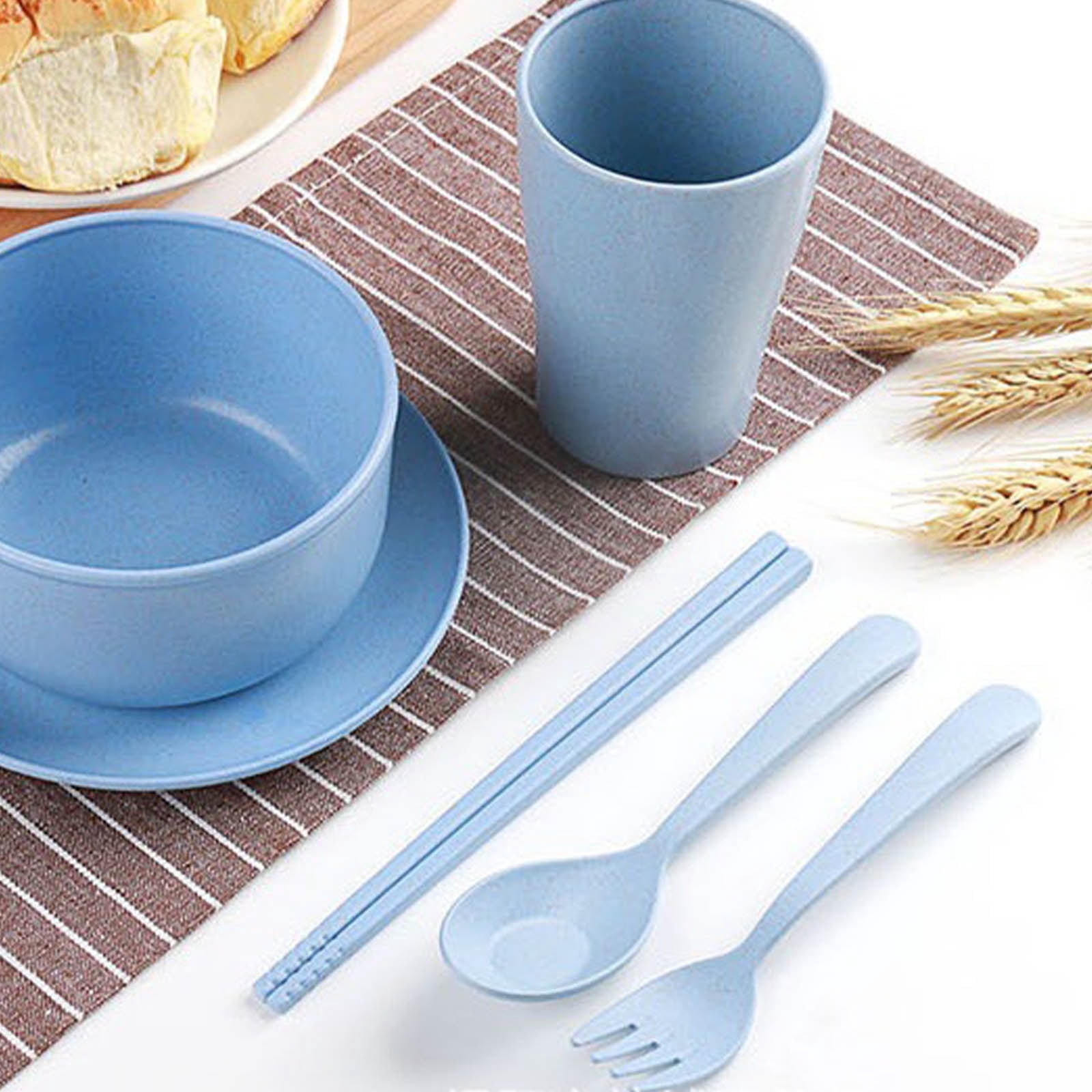 Fiudx Xiying 6-Piece Portable Tableware Set with Bowl, Cup, Spoon, Fork, Chopsticks - Eco-Friendly Straw Material, Heat-Resistant, Stackable Design for Home & Travel Use