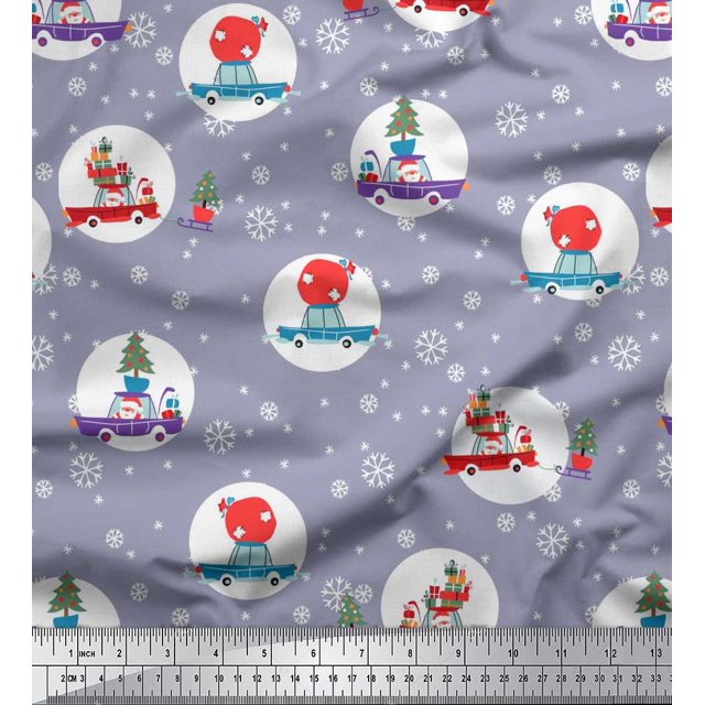 Soimoi Rayon Fabric Gift Box,Car & Santa Christmas Print Fabric by The Yard 56 Inch Wide