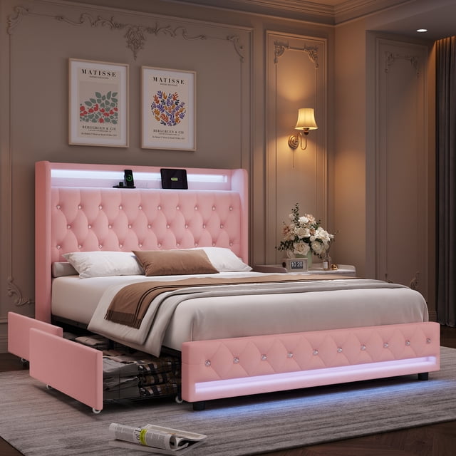 Homfa Queen Size LED Bed Frame with 2 Storage Drawers & Charge Station, Modern Wingback Upholstered Platform Bed Frame, Pink Velvet